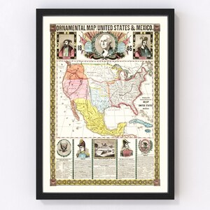 Mexico, United States Map 1846, Vintage Mexico, United States Map, Old Mexico, United States Art, Wall Art Gift for Mexico, United States Hi