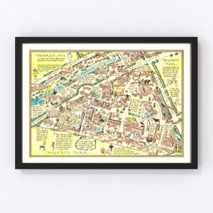 May include: A vintage illustrated map of Regent's Park in London, England. The map features a detailed depiction of the park's layout, including the zoo, the open air theatre, and the Primrose Hill. The map is drawn in a whimsical style with colorful illustrations of animals, people, and buildings.