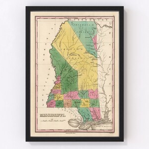 Mississippi Map 1824, Vintage Mississippi Map, Old Mississippi Art, Wall Art Gift for Mississippi History Lovers Retro Decor