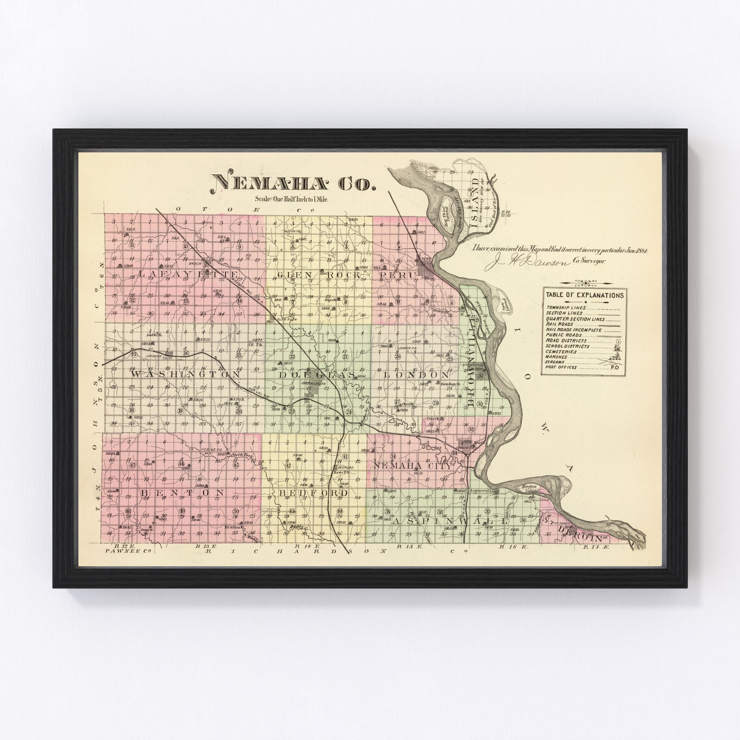 Nemaha County NE Map 1885 Old Map of Auburn Nebraska