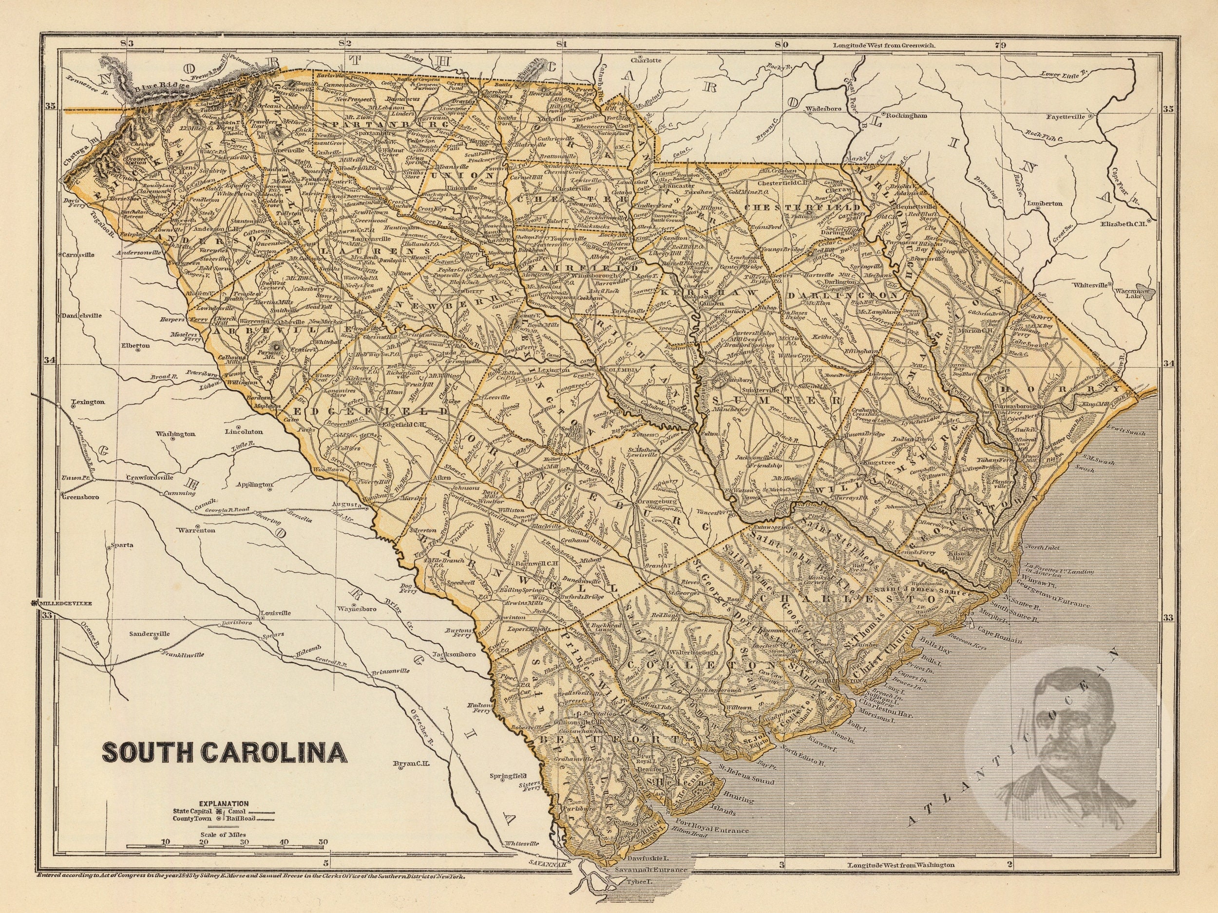 Old Maps Of South Carolina South Carolina Vintage Map From 1842 Old State Map Art Print - Etsy