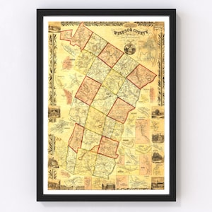 Windsor County, Vermont Vintage Map from 1855 - Old County Map Art Print of Windsor County, VT - Framed or Canvas