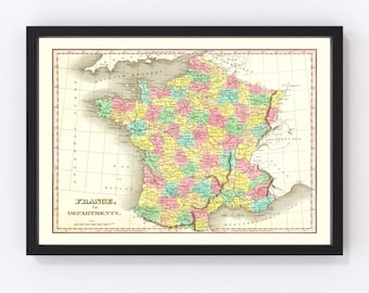 France Map 1831, Vintage France Map, Old France Art, Wall Art Gift for France History Lovers Retro Decor