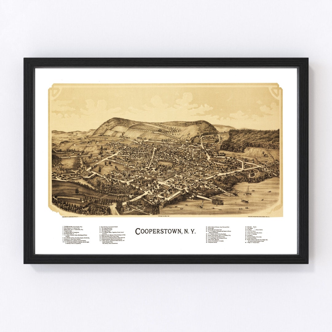Cooperstown Map 1890 Old Map of Cooperstown New York Art Vintage Print Framed Canvas Bird's Eye