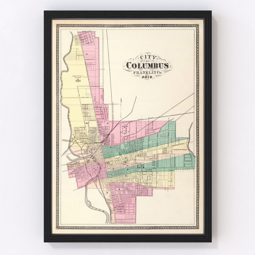 Columbus Map 1872 Old Map of Columbus Ohio Art Vintage Print Framed ...