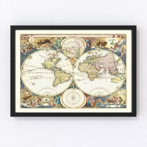 World Map 1690, Vintage World Map, Old World Art, Wall Art Gift for World History Lovers Retro Decor