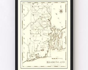 May include: An antique map of Rhode Island, printed in brown ink on a cream-colored background. The map shows the state's coastline, rivers, and towns, including Providence, Newport, and Warwick. The map is titled "Rhode Island" and is dated "from Philad."