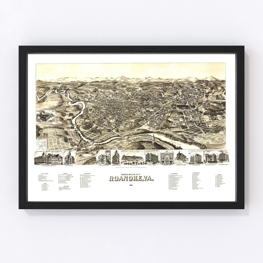 Roanoke Map 1891 - Old Map of Roanoke Virginia Art Vintage Print Framed Canvas Bird's Eye View ...