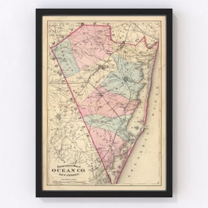 Ocean County Map 1872, Vintage Ocean County Map, Old Ocean County New Jersey Art, Wall Art Gift for Ocean County History Lovers Retro Decor