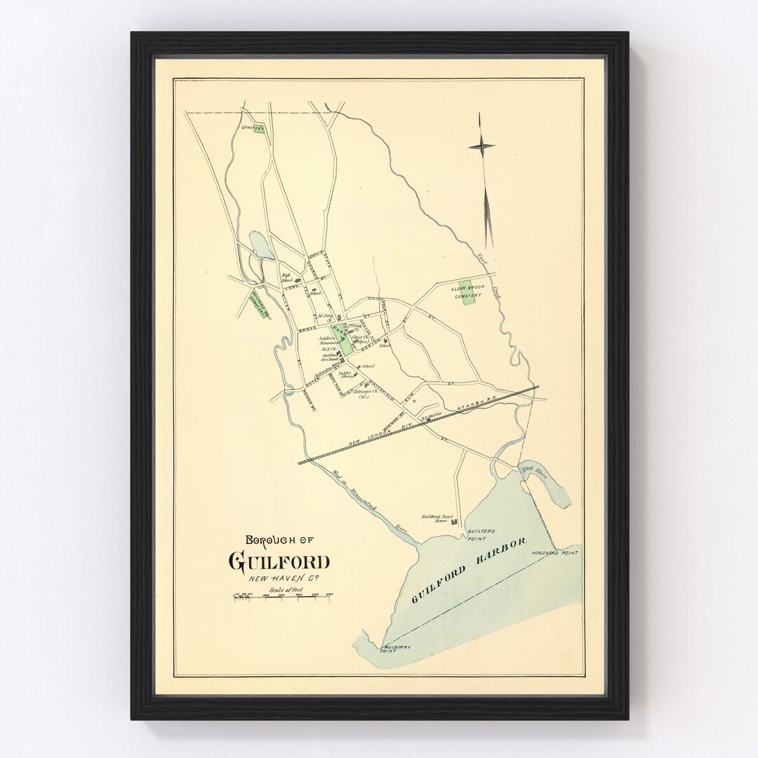 Guilford Map 1893 Old Map of Guilford Connecticut Art Vintage Print Framed Canvas Portrait ...
