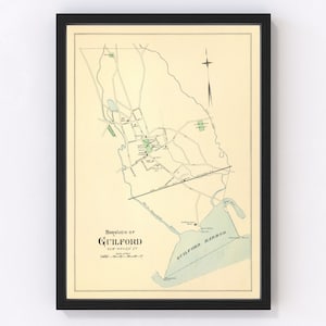 Guilford Map 1893, Vintage Guilford Map, Old Guilford Connecticut Art, Wall Art Gift for Guilford History Lovers Retro Decor