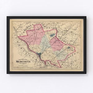 Mercer County NJ Map 1872 - Old Map of Trenton New Jersey Art Vintage Print Framed Canvas Bird&#39;s Eye View Portrait History Genealogy