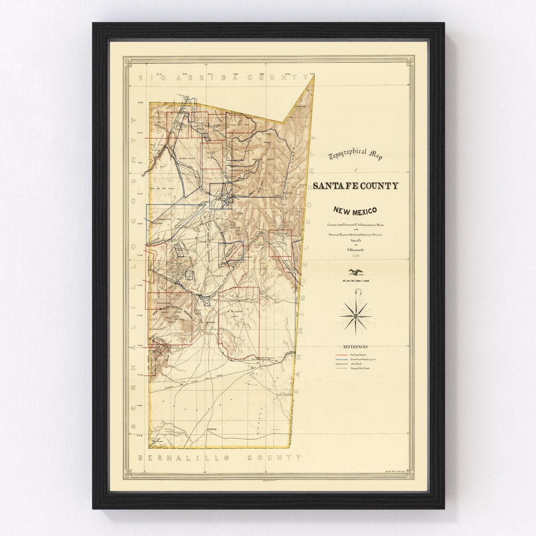 Santa Fe County New Mexico Map 1888 Old Map of Santa Fe County New Mexico Art Vintage Print