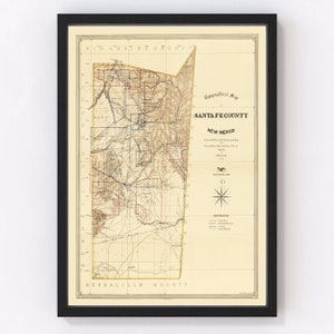 Santa Fe County New Mexico Map 1888 - Old Map of Santa Fe County New Mexico Art Vintage Print Framed Canvas Portrait History Genealogy