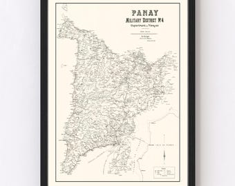 May include: A vintage black and white map of Panay, Military District No. 4, Department Visayas. The map shows the island's geography, including rivers, towns, and roads.