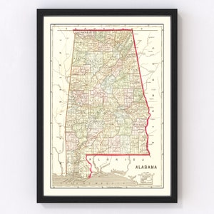 Alabama Map 1856 - Old Map of Alabama Art Vintage Print Framed Wall Art Canvas Portrait AL History Genealogy Farmhouse Décor