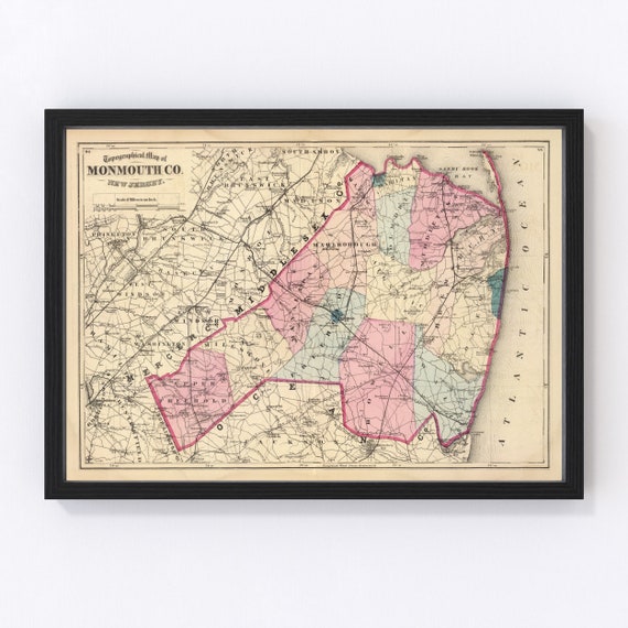 Monmouth County NJ Map 1872 Old Map of Freehold New Jersey Art Vintage  Print Framed Canvas Bird's Eye View Portrait History Genealogy 