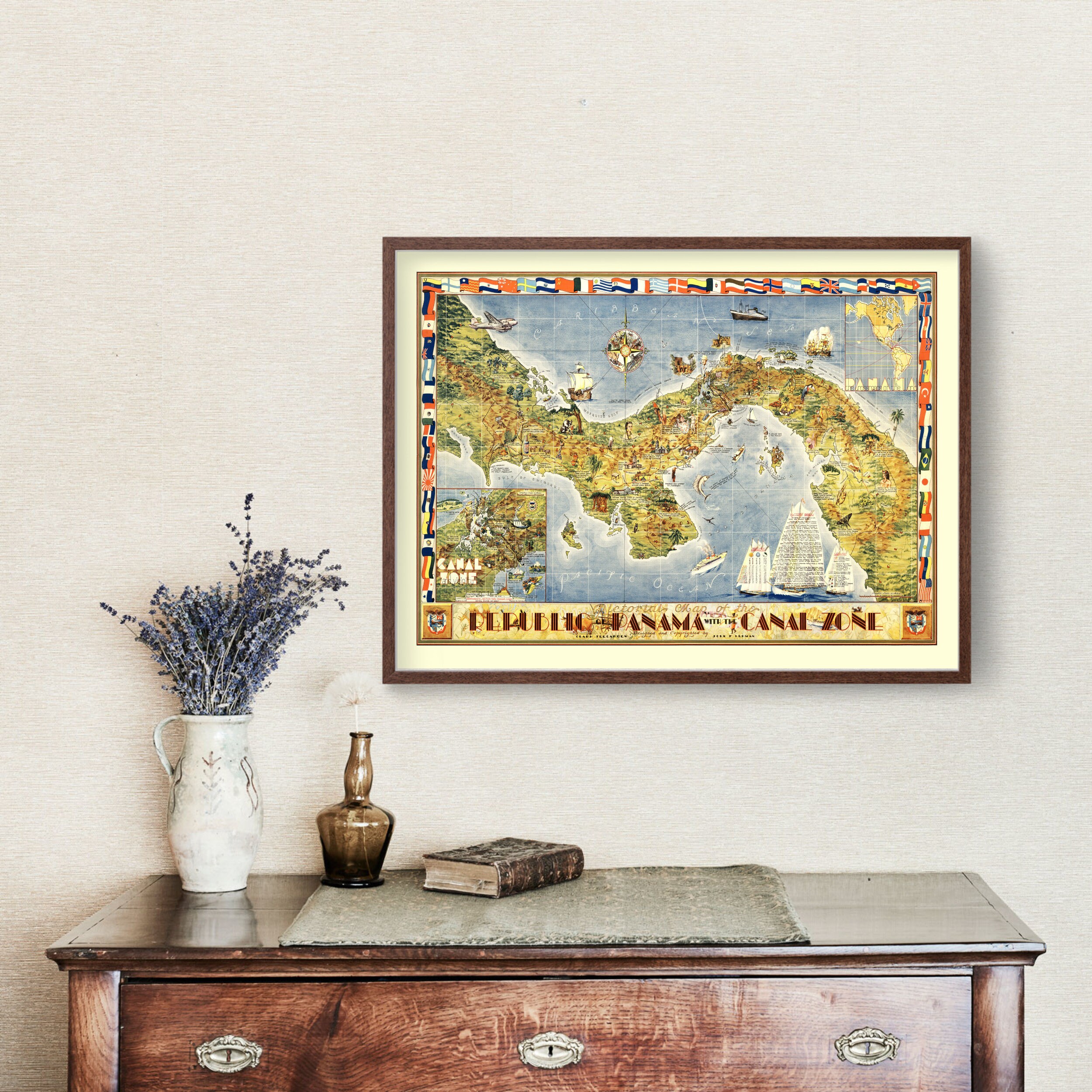 Panama Map Art - Vintage Print From 1939 - Old Panama Art - Framed