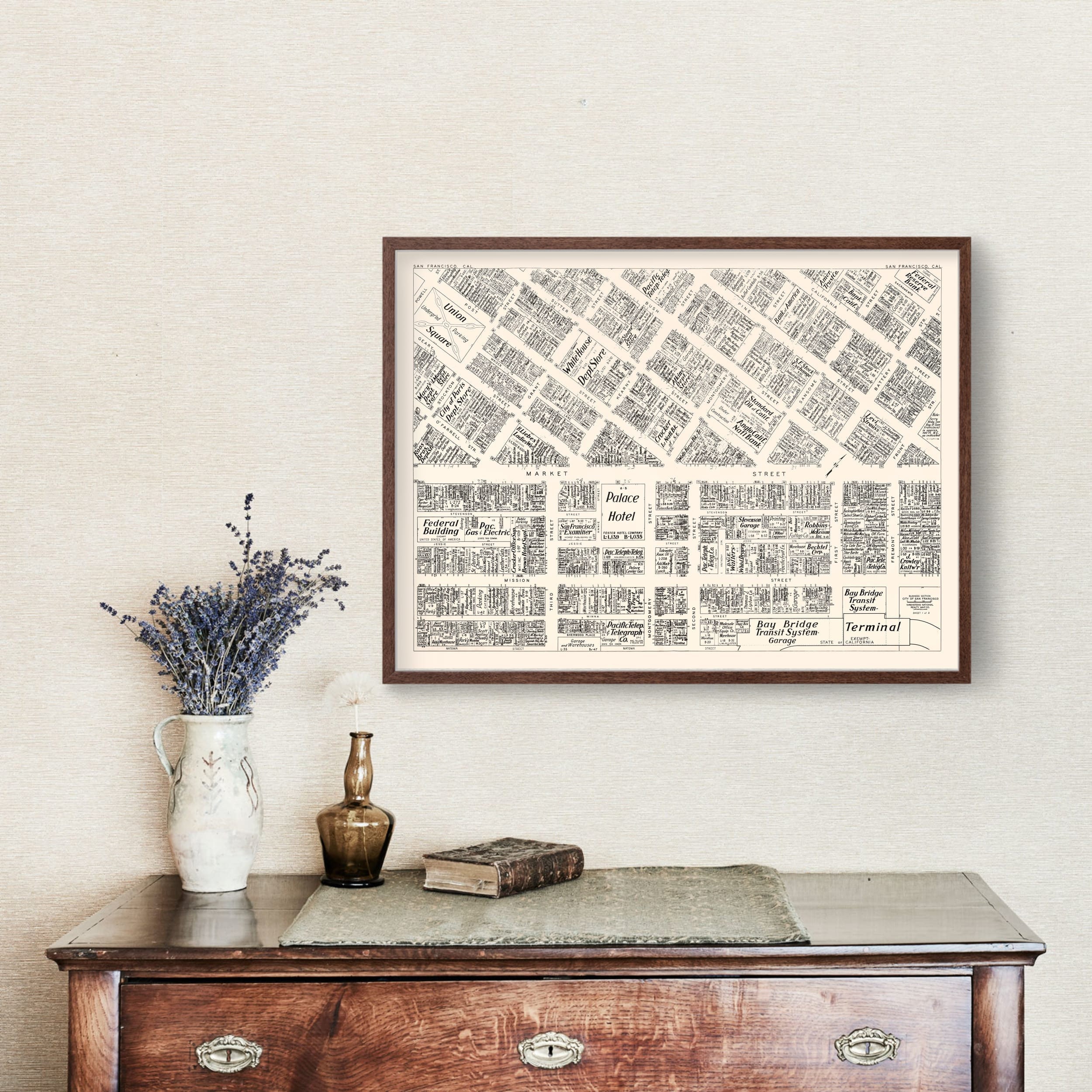 Carte Ancienne De San Francisco – 1952, Vintage, Encadrement Prêt, Papier