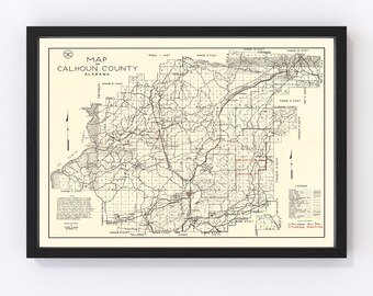 Calhoun County Map 1930, Vintage Calhoun County Map, Old Calhoun County Alabama Art, Wall Art Gift for Calhoun County History Lovers Retro D