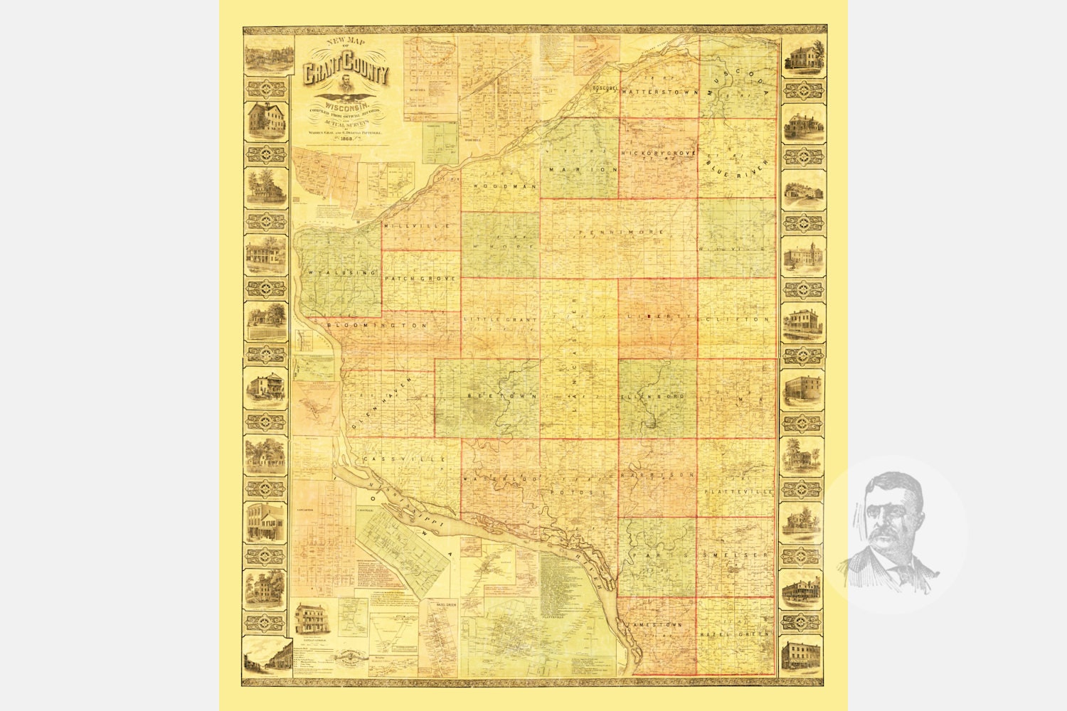 Vintage Grant County Map 1868 Old Map of Grant County Etsy