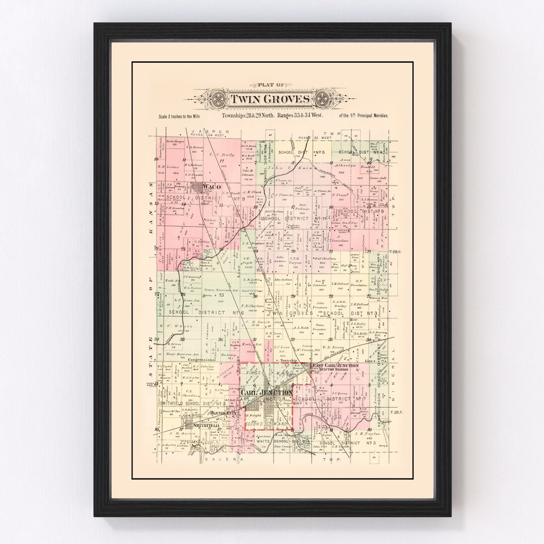Twin Groves MO Map 1895 Old Map of Twin Groves Township Missouri Art Vintage Print Framed Canvas