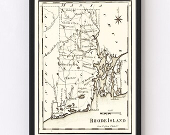 Rhode Island Vintage Map from 1795 - Old State Map Art Print of Rhode Island, RI - Framed or Canvas