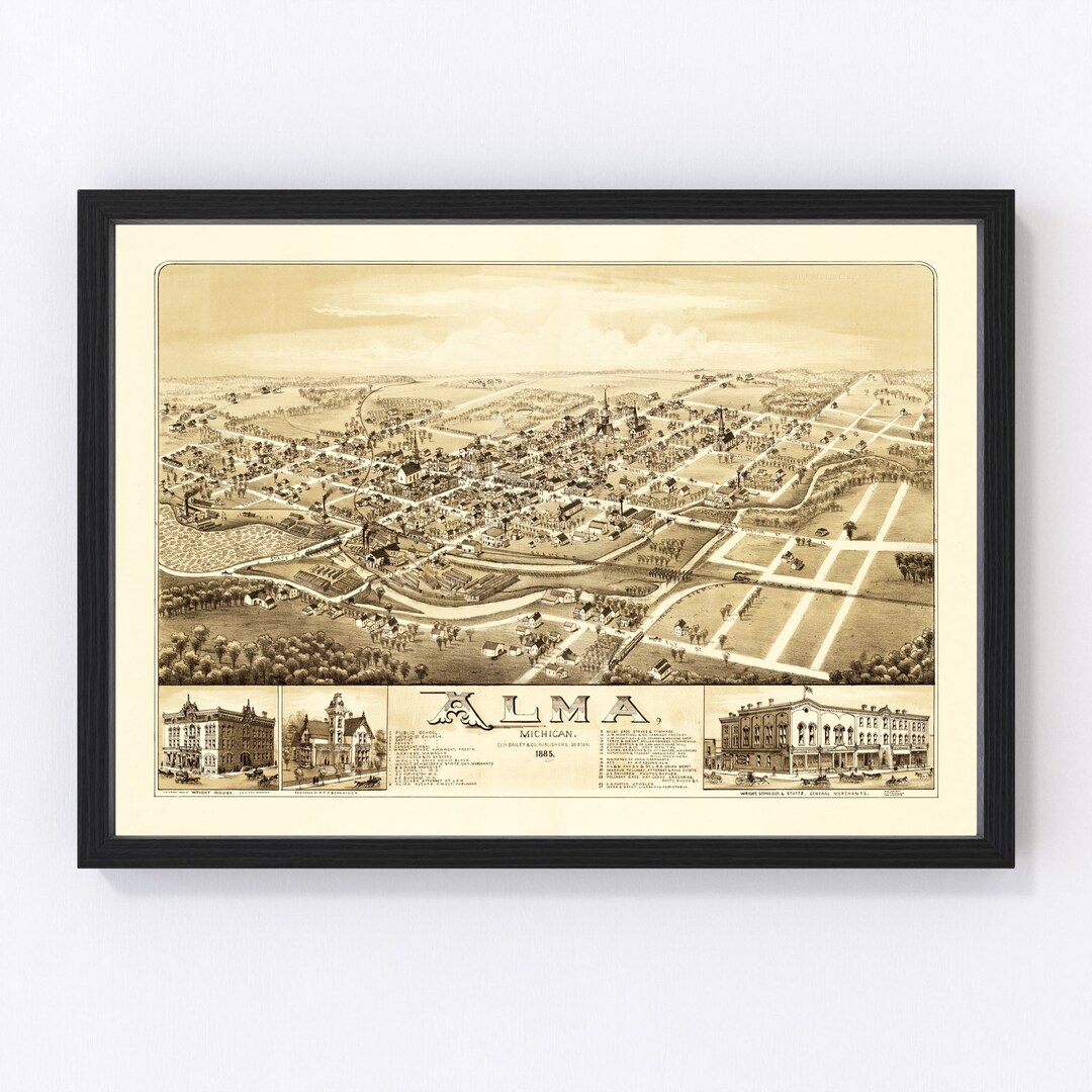 Alma Map 1885 Old Map of Alma Michigan Art Vintage Print Framed Canvas