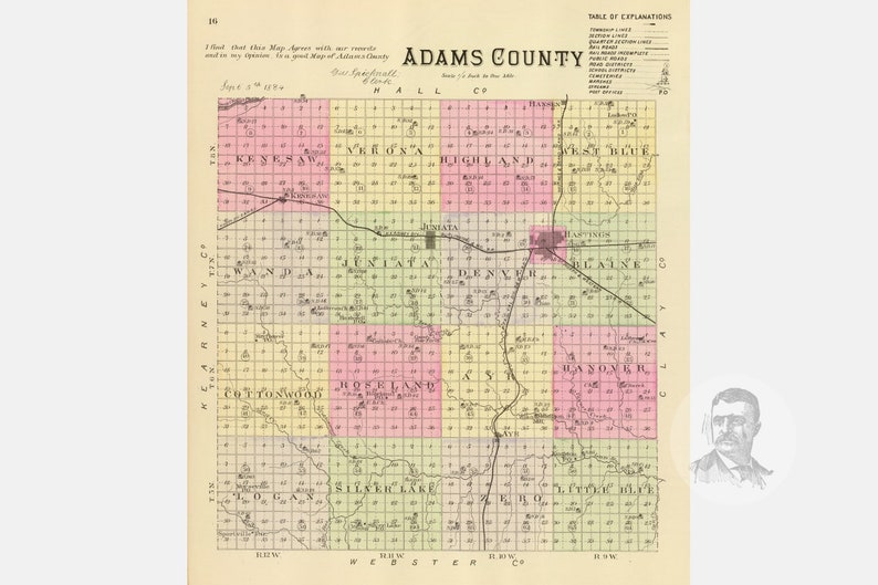 Vintage Adams County NE Map 1885 Old Nebraska Map Etsy