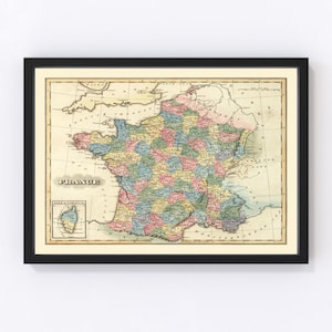 France Map 1823, Vintage France Map, Old France Art, Wall Art Gift for France History Lovers Retro Decor