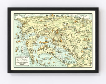 San Diego County CA Map 1935 - Old Map of  California Art Vintage Print Framed Canvas Portrait History Genealogy Farmhouse Décor