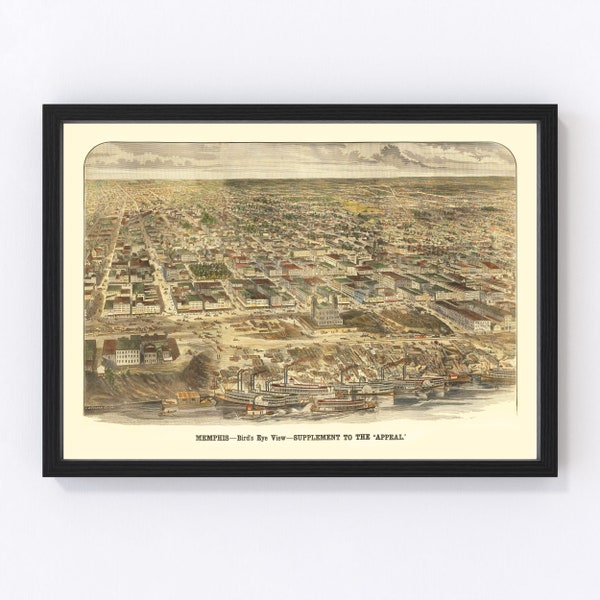 Memphis Map 1885 - Old Map of Memphis Tennessee Art Vintage Print Framed Canvas Birds Eye View Portrait History Genealogy Farmhouse Décor