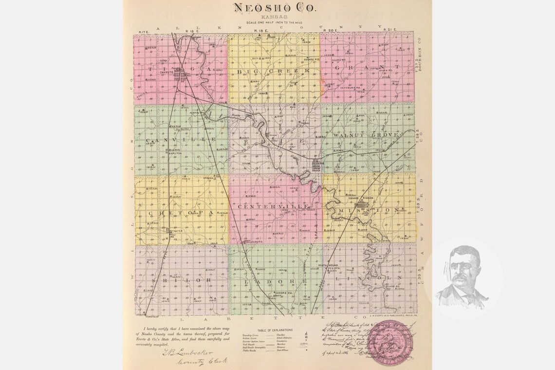Vintage Neosho County KS Map 1887 Old Kansas Map Historical Etsy