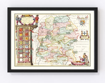 Wiltshire Map 1665 - Old Map of Wiltshire England Art Vintage Print Framed Wall Art Canvas Portrait  History Genealogy Travel Ancestry