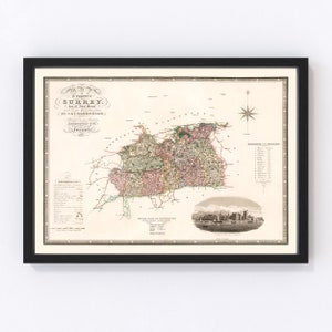 Surrey England Map 1829, Vintage Surrey England Map, Old Surrey England Art, Wall Art Gift for Surrey England History Lovers Retro Decor