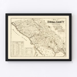Sonoma County CA Map 1902 - Old Map of California Art Vintage Print Framed Canvas Portrait History Genealogy Farmhouse Décor image 1