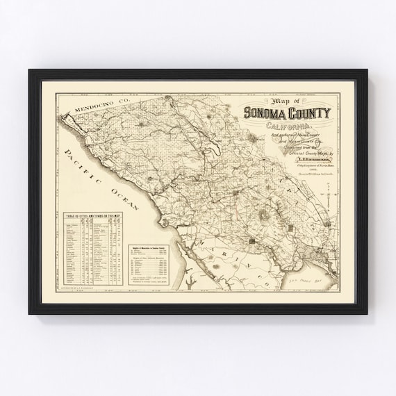 Sonoma County CA Map 1902 - Old Map of  California Art Vintage Print Framed Canvas Portrait History Genealogy Farmhouse Décor