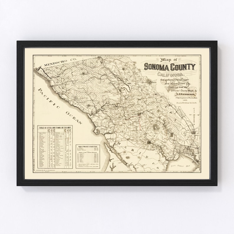 Sonoma County CA Map 1902 - Old Map of California Art Vintage Print Framed Canvas Portrait History Genealogy Farmhouse Décor image 1