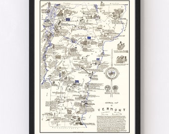 Vermont Map 1934 - Old Map of Vermont Art Vintage Print Framed Wall Art Canvas Portrait VT History Genealogy Farmhouse Décor