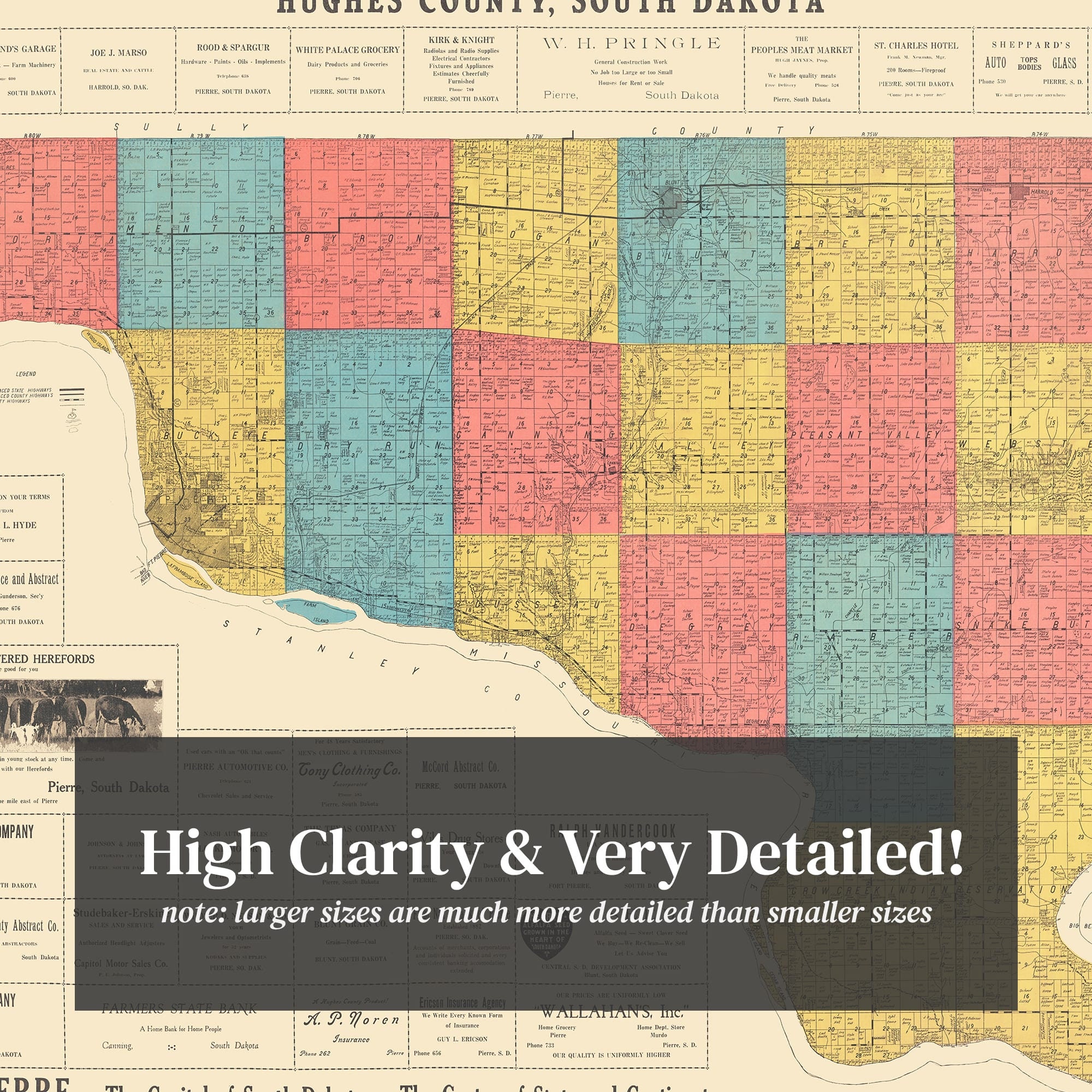 Hughes Map Hughes County Map 1929, Vintage Hughes County Map, Old Hughes County ...