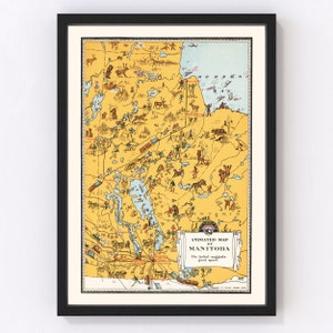 Animated Map of Manitoba Canada Map 1929 - Old Map of Animated Map of Manitoba Canada Canada Art Vintage Print Framed Wall Art Canvas