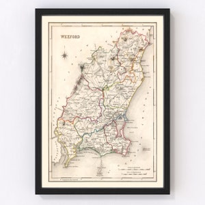 Wexford County Ireland Map 1846, Vintage Wexford County Ireland Map, Old Wexford County Ireland Art, Wall Art Gift for Wexford County Irelan