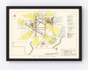 Minneapolis St. Paul International Airport Map 1951 - Old Map of Minneapolis St. Paul International Airport Art Vintage Print Framed