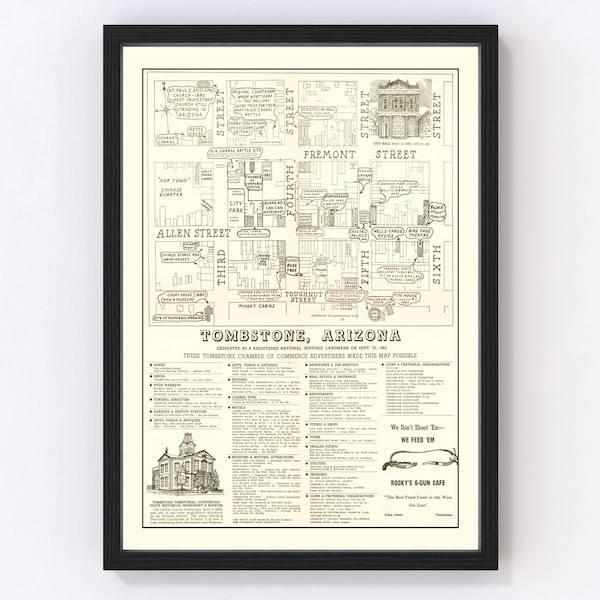 Tombstone Map 1962 - Old Map of Tombstone Arizona Art Vintage Print Framed Canvas Portrait History Genealogy Farmhouse Décor