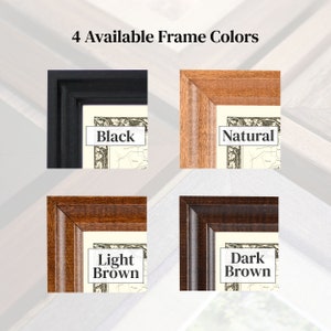 May include: Four frame color options for a picture or print: black, natural, light brown, and dark brown.