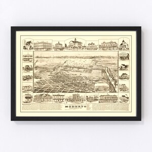 May include: An antique bird's-eye view map of Modesto, California, from 1889. The map shows the city's layout with streets, buildings, and a river running through it. The map is surrounded by smaller images of individual buildings.
