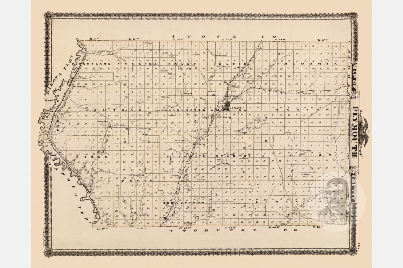 Vintage Plymouth County IA Map 1875 Old Iowa Map Historical Etsy