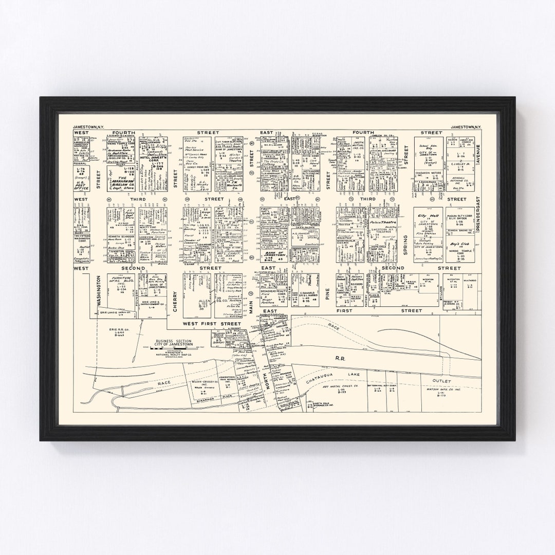 Jamestown Map 1947 Old Map of Jamestown Business Section New York Art Vintage Print Framed ...