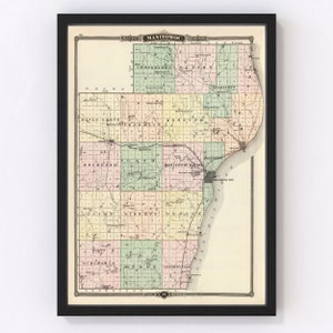 Manitowoc County Map 1878, Vintage Manitowoc County Map, Old Manitowoc County Wisconsin Art, Wall Art Gift for Manitowoc County History Love