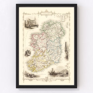 Ireland Map Art - Vintage Print from 1851 - Old Ireland Art - Framed or Canvas